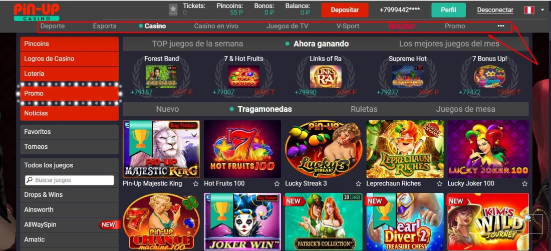 menú de la plataforma del casino